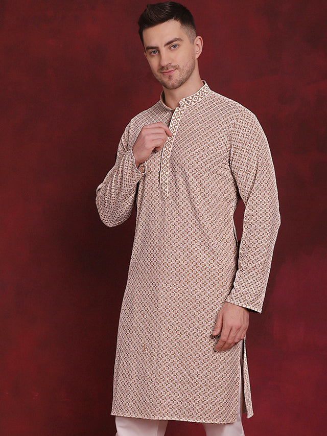 Men's Beige Sequin Embroidered Cotton Kurta (KO_5028Beige)