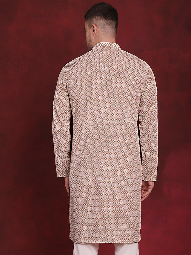 Men's Beige Sequin Embroidered Cotton Kurta (KO_5028Beige)