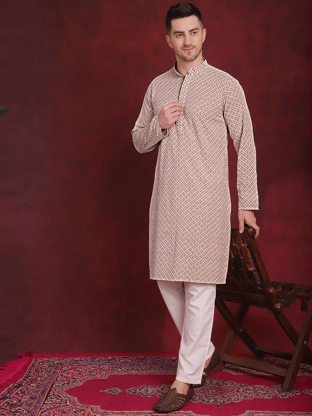 Men's Beige Sequin Embroidered Cotton Kurta (KO_5028Beige)