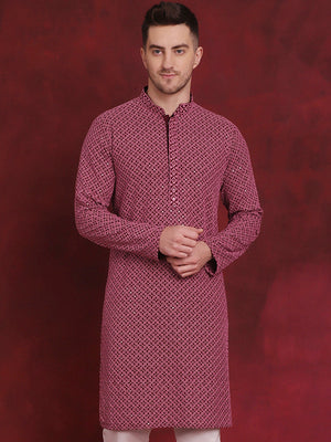 Men's Magenta Sequin Embroidered Cotton Kurta