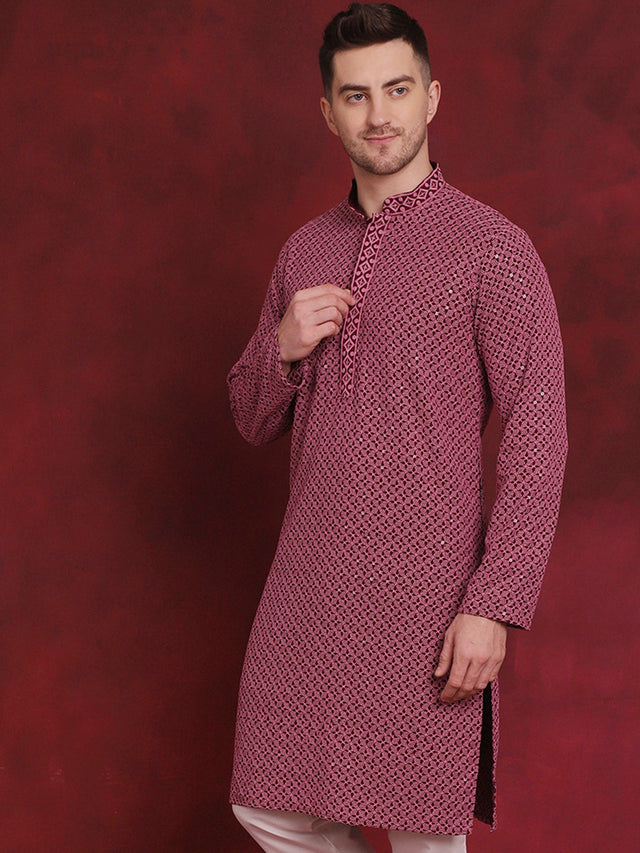 Men's Magenta Sequin Embroidered Cotton Kurta