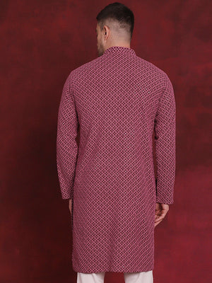 Men's Magenta Sequin Embroidered Cotton Kurta