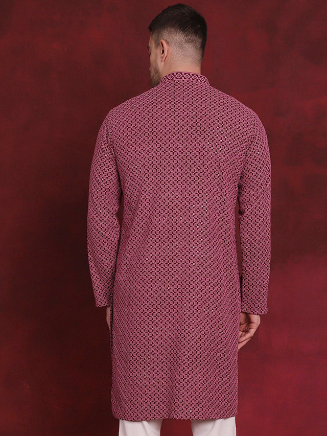Men's Magenta Sequin Embroidered Cotton Kurta