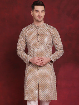 Men's Beige Sequin Chikankari Front Open Kurta