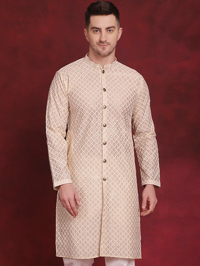 Men's Golden Sequin Chikankari Front Open Kurta