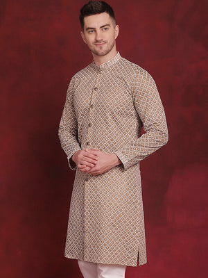 Men's Beige Sequin Chikankari Front Open Kurta
