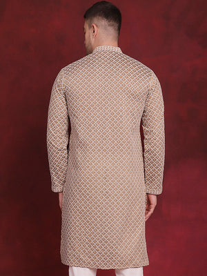 Men's Beige Sequin Chikankari Front Open Kurta