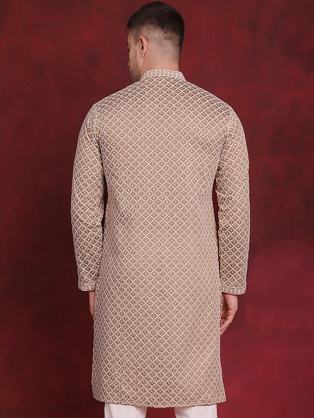 Men's Beige Sequin Chikankari Front Open Kurta