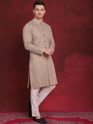 Men's Beige Sequin Chikankari Front Open Kurta