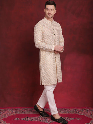 Men's Golden Sequin Chikankari Front Open Kurta