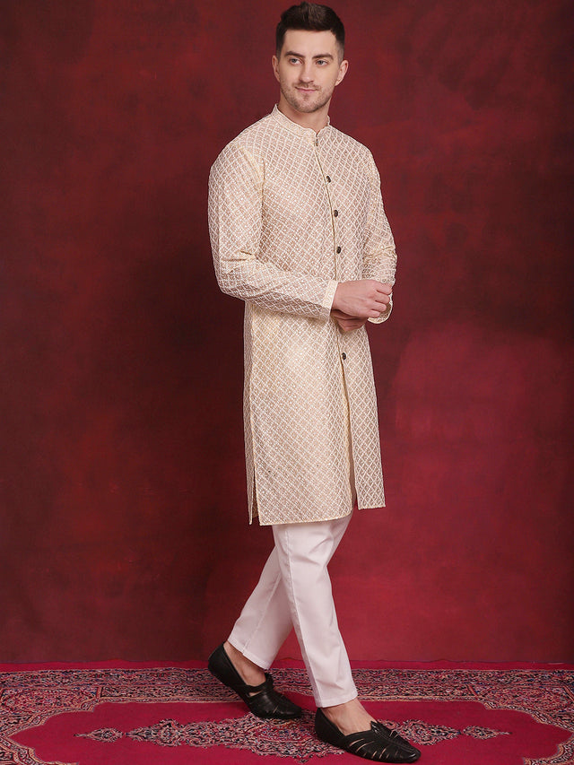 Men's Golden Sequin Chikankari Front Open Kurta