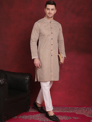 Men's Beige Sequin Chikankari Front Open Kurta