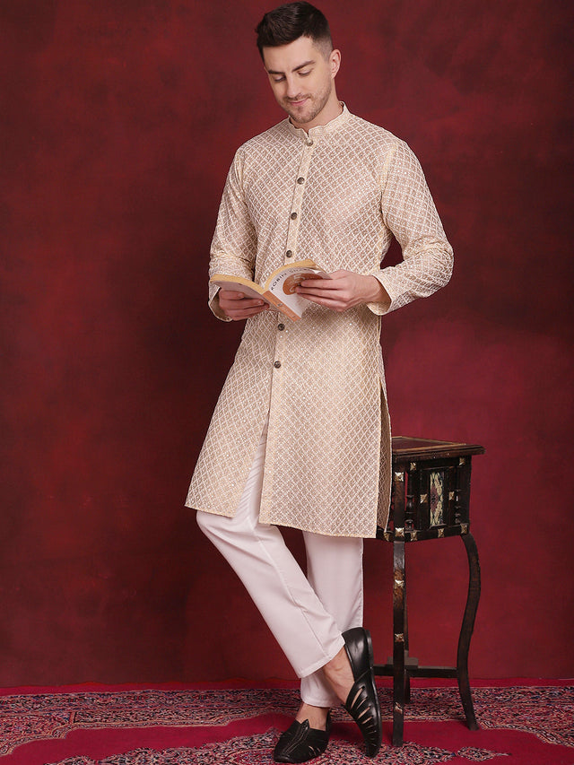 Men's Golden Sequin Chikankari Front Open Kurta
