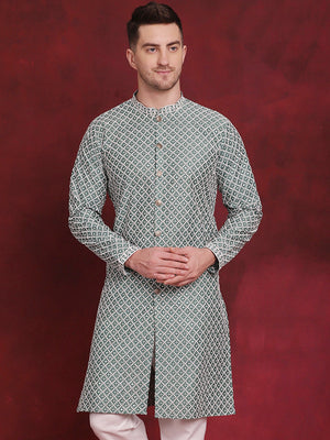 Men's Green Sequin Chikankari Front Open Kurta