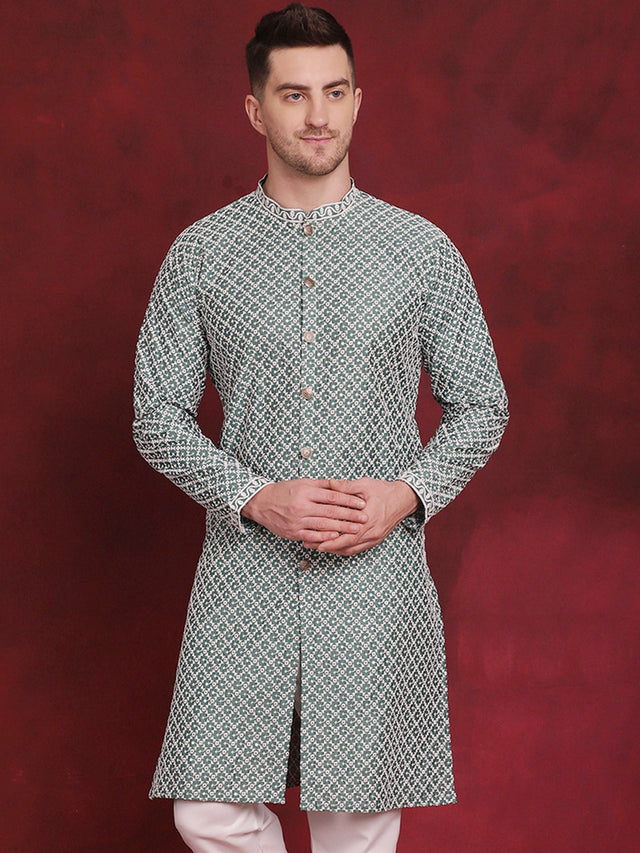 Men's Green Sequin Chikankari Front Open Kurta