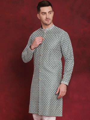 Men's Green Sequin Chikankari Front Open Kurta