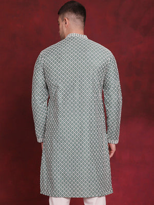 Men's Green Sequin Chikankari Front Open Kurta