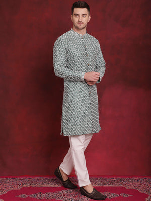 Men's Green Sequin Chikankari Front Open Kurta