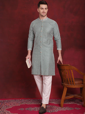 Men's Green Sequin Chikankari Front Open Kurta