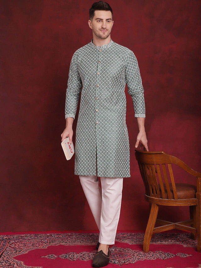 Men's Green Sequin Chikankari Front Open Kurta