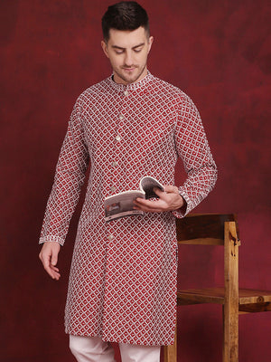 Men's Maroon Sequin Chikankari Front Open Kurta