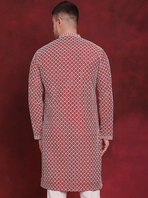 Men's Maroon Sequin Chikankari Front Open Kurta