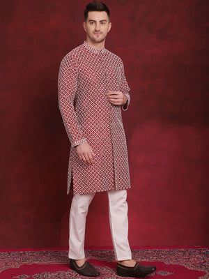 Men's Maroon Sequin Chikankari Front Open Kurta
