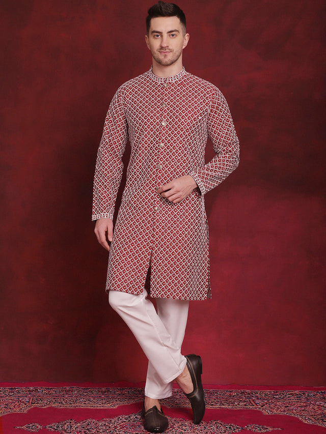 Men's Maroon Sequin Chikankari Front Open Kurta