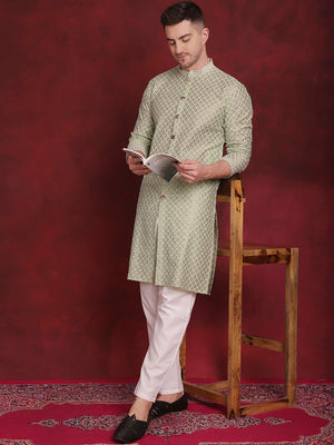 Men's Pista Sequin Chikankari Front Open Kurta