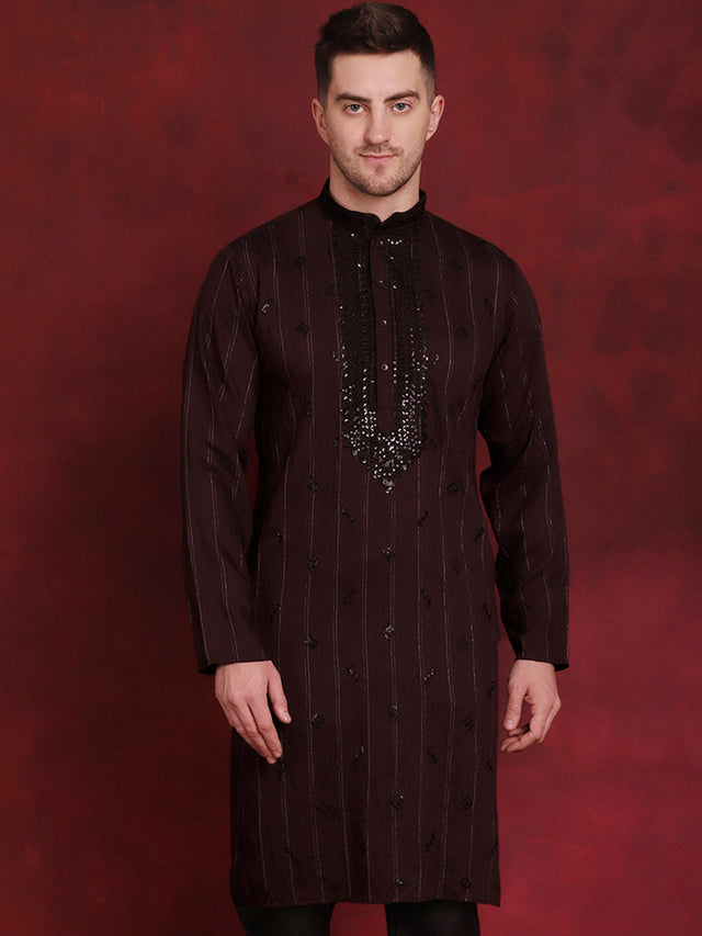 Men's Maroon Sequins Embroidered Kurta