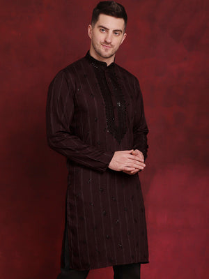 Men's Maroon Sequins Embroidered Kurta