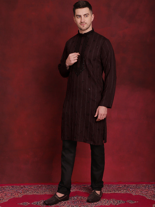 Men's Maroon Sequins Embroidered Kurta
