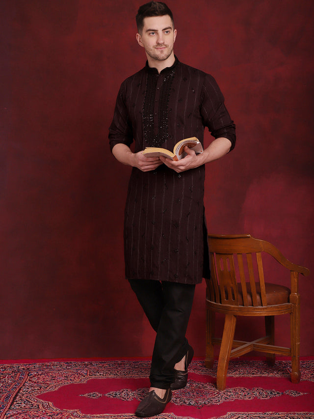 Men's Maroon Sequins Embroidered Kurta