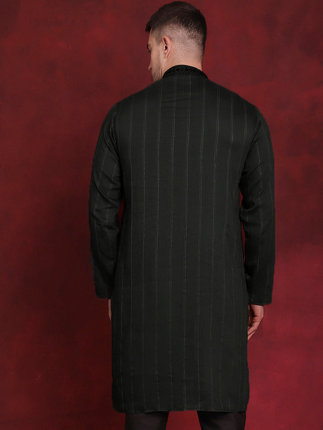Men's Olive Sequins Embroidered Kurta
