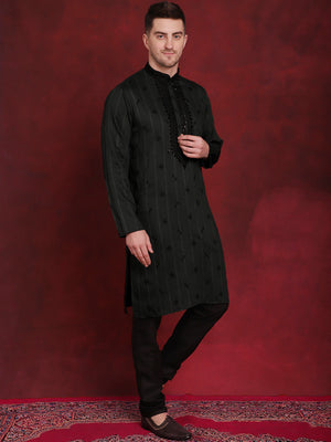 Men's Olive Sequins Embroidered Kurta