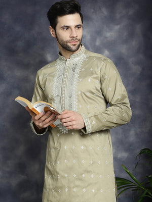 Men's Beige Sequins Embroidered Kurta