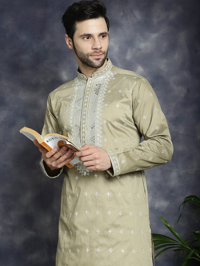 Men's Beige Sequins Embroidered Kurta