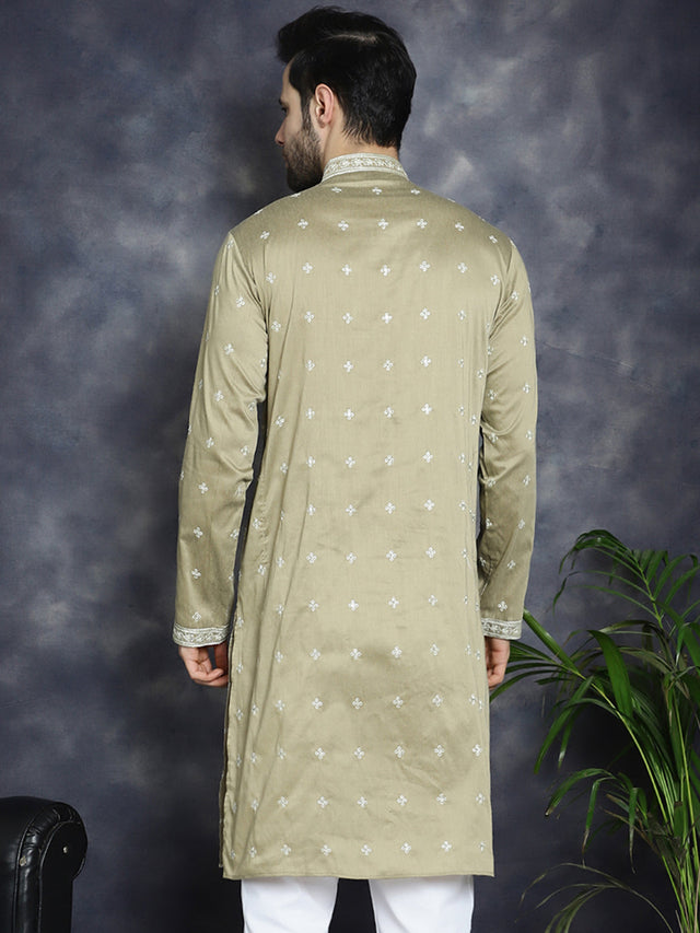 Men's Beige Sequins Embroidered Kurta