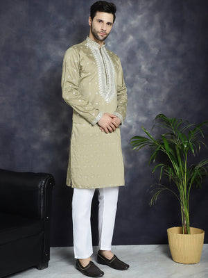 Men's Beige Sequins Embroidered Kurta