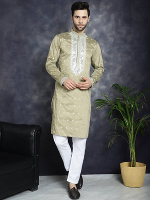 Men's Beige Sequins Embroidered Kurta