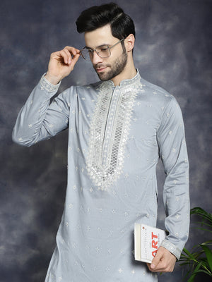Men's Grey Sequins Embroidered Kurta
