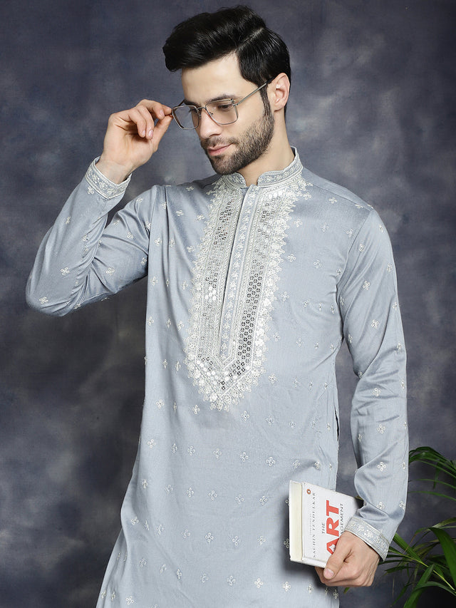 Men's Grey Sequins Embroidered Kurta