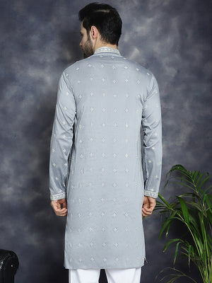 Men's Grey Sequins Embroidered Kurta