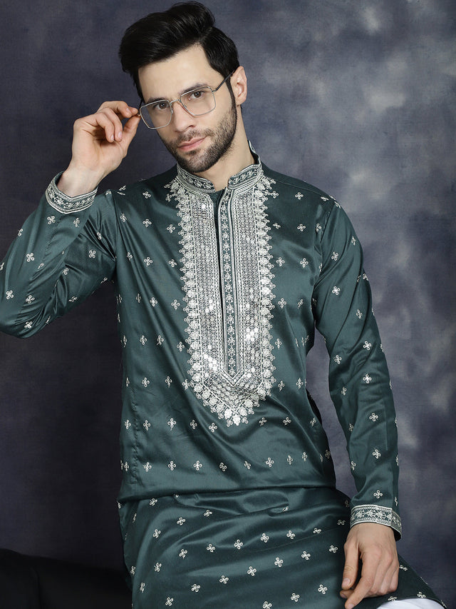 Men's Olive Sequins Embroidered Kurta