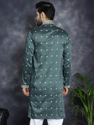 Men's Olive Sequins Embroidered Kurta