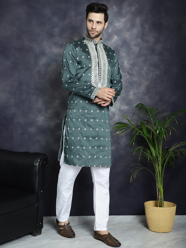 Men's Olive Sequins Embroidered Kurta