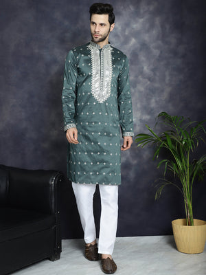 Men's Olive Sequins Embroidered Kurta