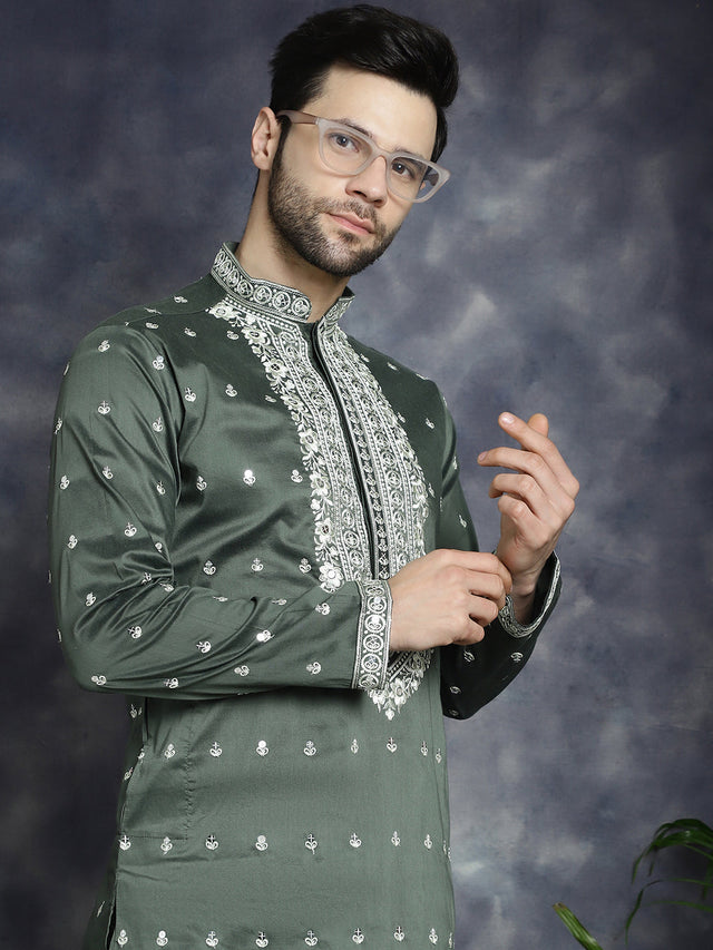 Men's Olive Chikankari Embroidered Kurta