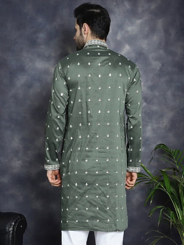 Men's Olive Chikankari Embroidered Kurta