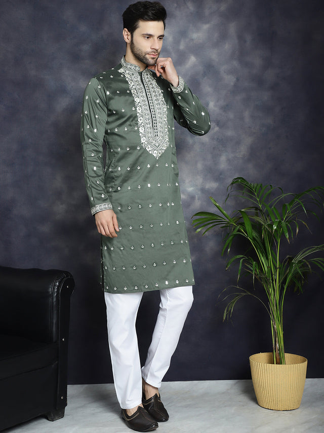Men's Olive Chikankari Embroidered Kurta